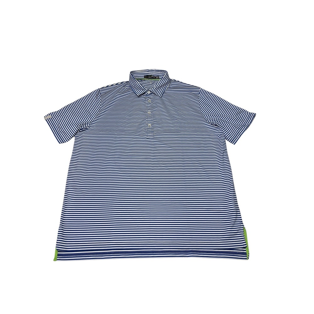 RLX Ralph Lauren Mens XL Blue White Striped Wicking Golf Polo Shirt Short Sleeve